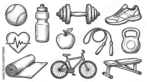 Obraz na płótnie Hand drawn fitness and health sketch icon set