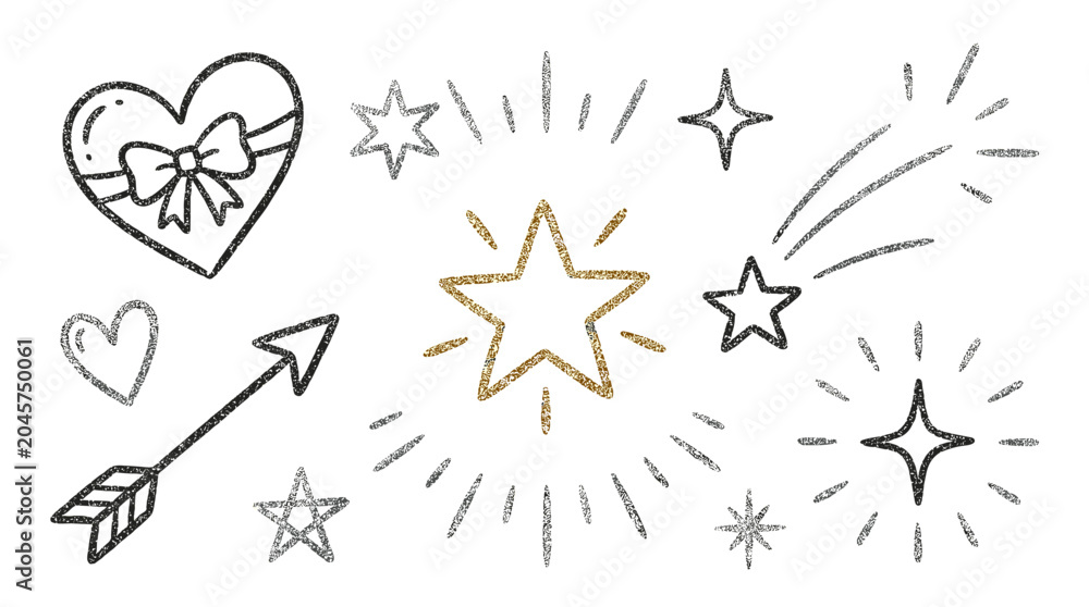 Obraz premium Hand drawn heart, stars and arrow doodle element set