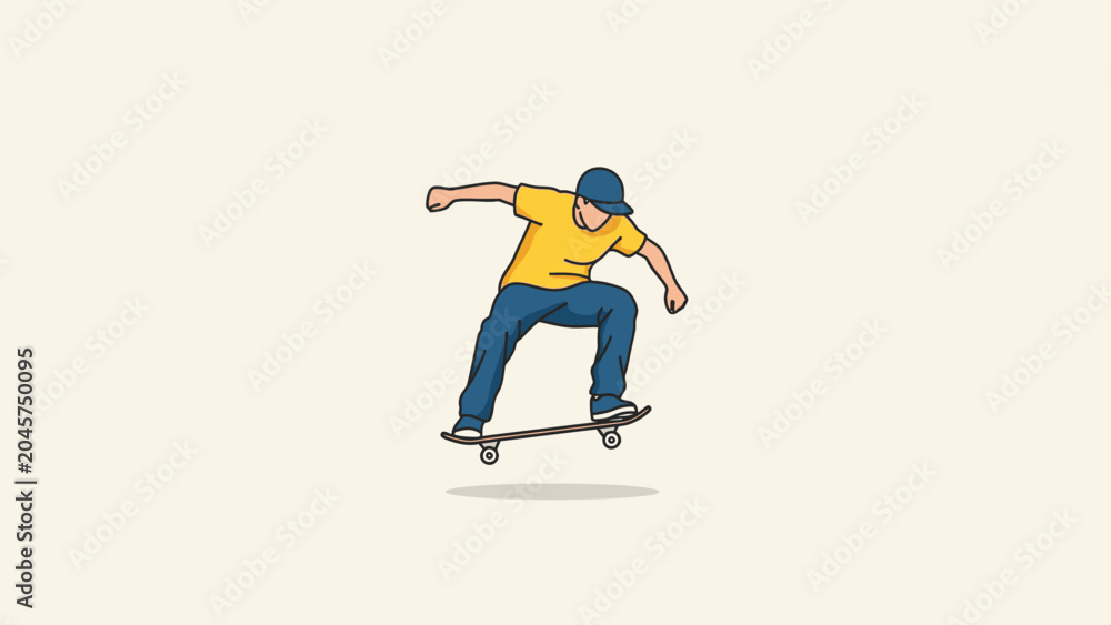 Fototapeta premium Young man skateboarding in mid-air with yellow shirt