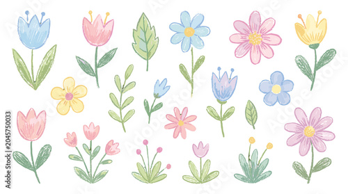 Obraz na płótnie Hand drawn pastel flower and leaf doodle set on white background