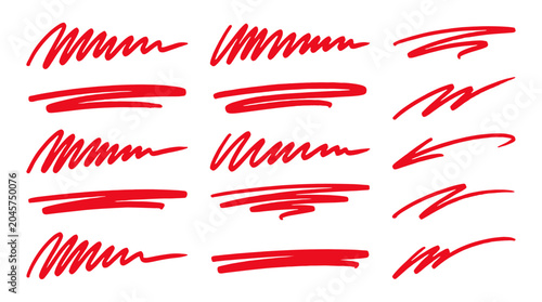 Fotografie Set of red hand drawn scribble underline brush strokes