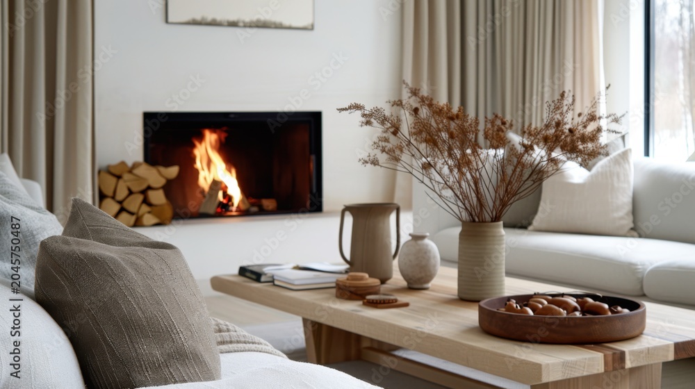 Naklejka premium Cozy modern living room with beautiful fireplace and elegant decor featuring natural elements and warm tones