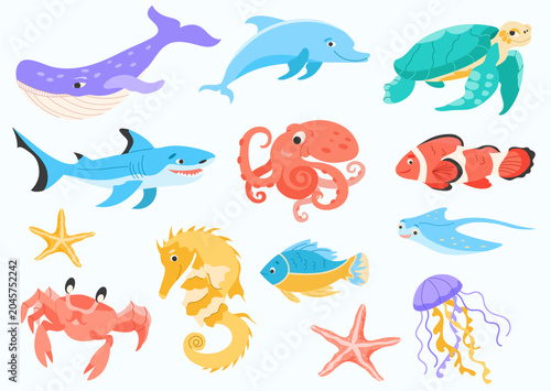 Canvas Print Marine animal set with whale, dolphin, turtle, octopus, shark, clownfish, crab, seahorse, starfish and jellyfish