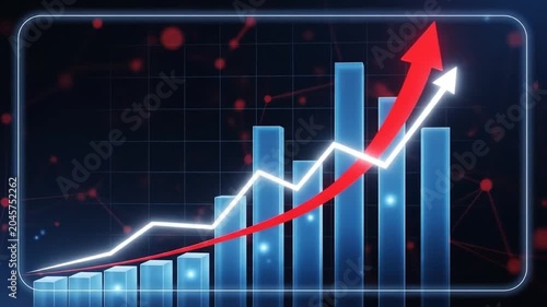 Digital Growth Chart with Red Up Arrow Showing Business Success  Market Boom.