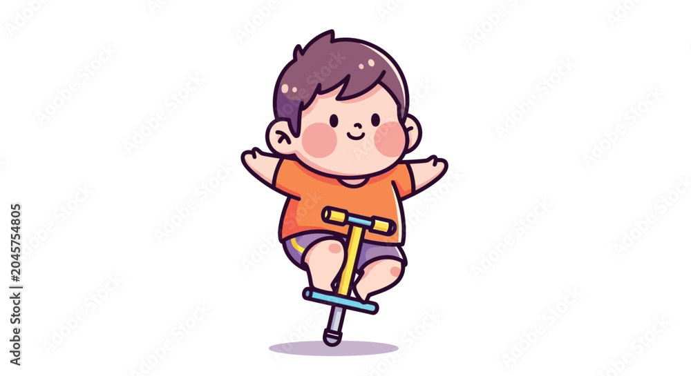 Fototapeta premium Happy cartoon child riding yellow pogo stick joyfully.