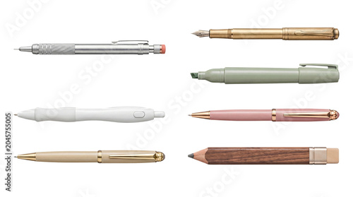 Foto Assortment of diverse writing tools, from fountain pens to mechanical pencils