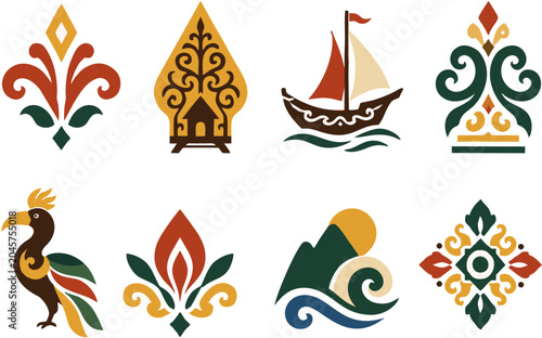 Indonesian Traditional Cultural Icons Set Vector Illustration Flat Design