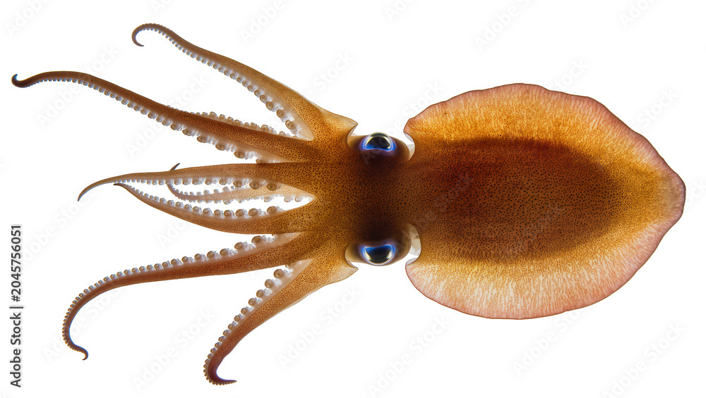 Obraz premium Brown squid with blue eyes and tentacles spread