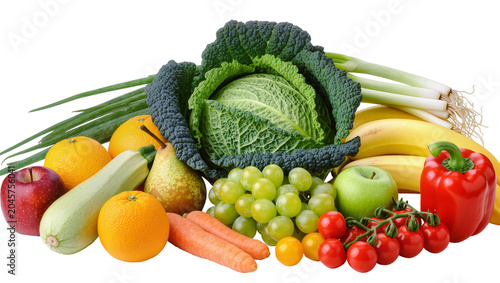 Assorted fresh fruits and vegetables including cabbage bananas apples oranges grapes tomatoes carrots zucchini pear, and leeks