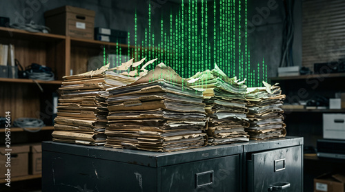 Old Paper Files Digitizing into Binary Code on a Metal Cabinet