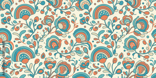 The image displays a vibrant floral pattern featuring blue, orange, and green shapes on a cream background with repeating designs.