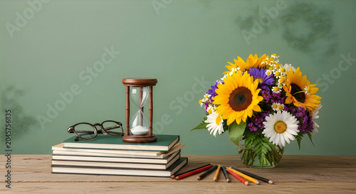 Still life with sunflowers hourglass books and reading glasses on a light wood surface