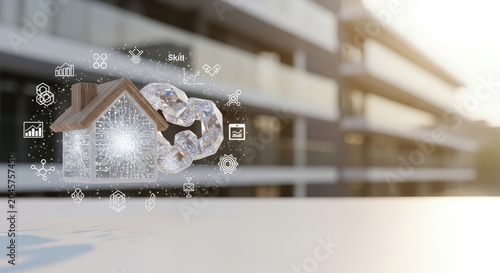 Conceptual Real Estate Tokenization and Fractional Asset Ownership with Floating Ceramic House and Quartz Token Icons over White Copy Space