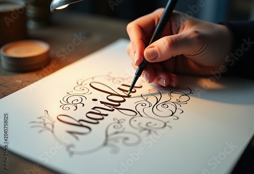 Calligrapher Crafting Exquisite Elegant Script on Fine Paper with Intricate Flourishes