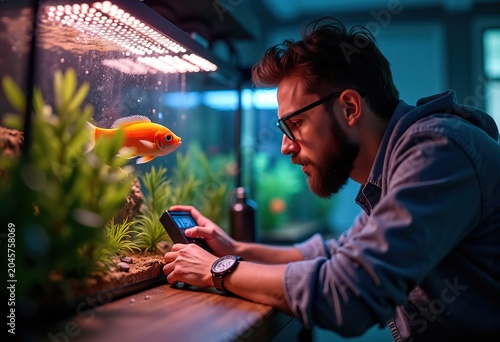 Captivating Routine of an Aquarium Hobbyist Maintaining Tropical Fish Tank Lighting and Water Quality Care