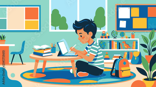 Young boy learning online on tablet at home, focused on education and digital technology in a colorful classroom setting
