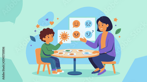 Therapist teaching child to identify emotions using flashcards with facial expressions, sun and storm symbols