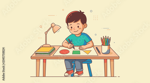 Cute cartoon boy happily drawing geometric shapes at a desk with a lamp and colorful pencils, illustrating early childhood education and creativity.
