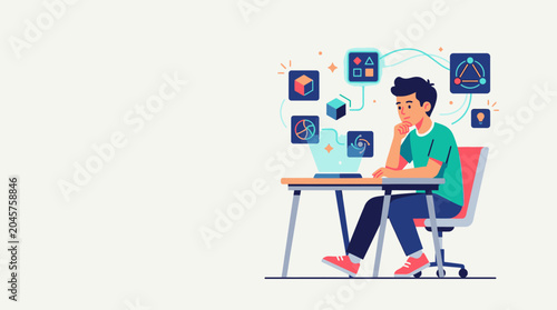 Young man sitting at a desk with a laptop, thinking about abstract shapes and data visualization, brainstorming ideas