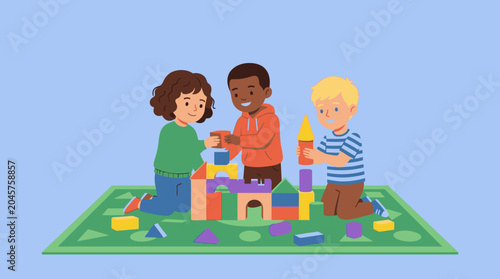 Diverse group of young children building a colorful castle tower with toy blocks on a green mat, learning and playing together.