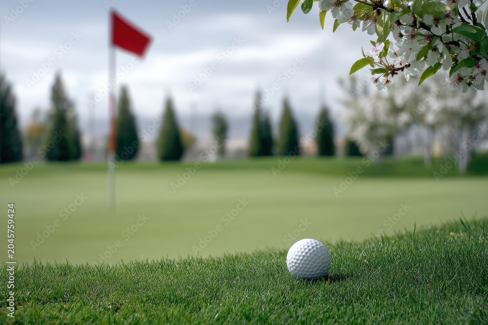 Obraz premium Golf ball green putting flag hole fairway spring, closeup on short grass near cup, red pin in soft focus, blossom branch