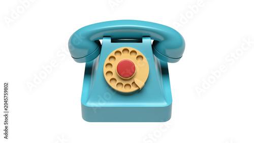 Turquoise rotary dial telephone with yellow and red accents