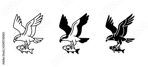 Schilderij op canvas Osprey with Fish Vector Icons, Bird of Prey Hunting Wildlife, Silhouette & Outli
