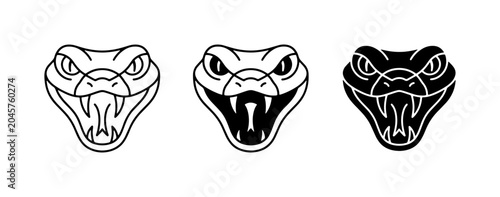 Aggressive Snake Head Icons, Viper Fangs, Reptile Danger Symbols, Vector Art