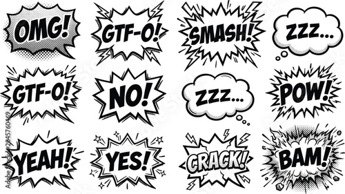 Foto Dynamic collection of twelve comic style speech and action bubbles with bold tex