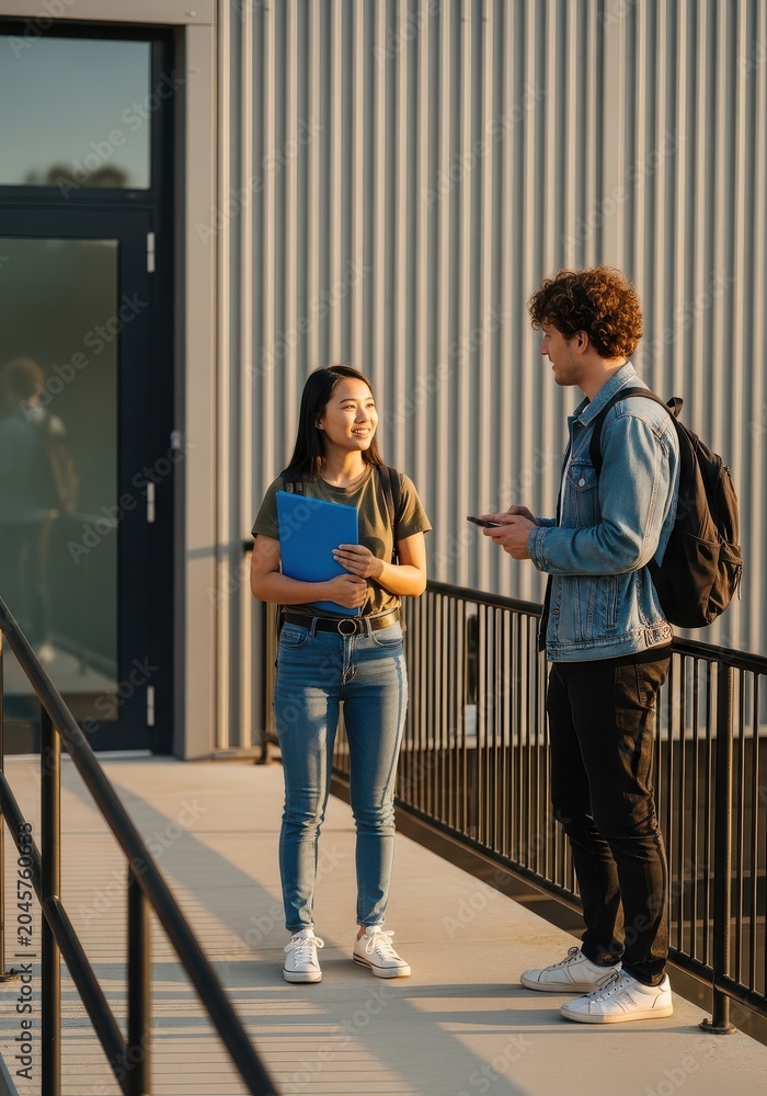 Obraz premium Diverse University Students Having a Conversation Outside Modern Campus Building at Sunset