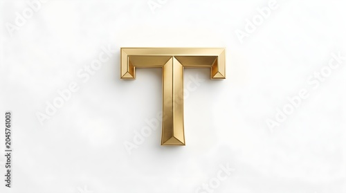 Geometric golden T monogram with sharp triangular bevels on each terminal and solid vertical pillar, centered on subtle white texture, conveying precision, strength and reliability for banks, engineer