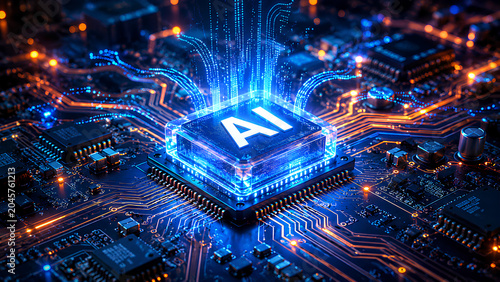 Futuristic AI chip glowing on a high-tech circuit board.