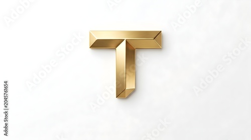Geometric faceted golden T emblem with beveled top bar and tapered vertical stem on bright white texture, merging clarity and precision for professional services, investment, engineering or architectu