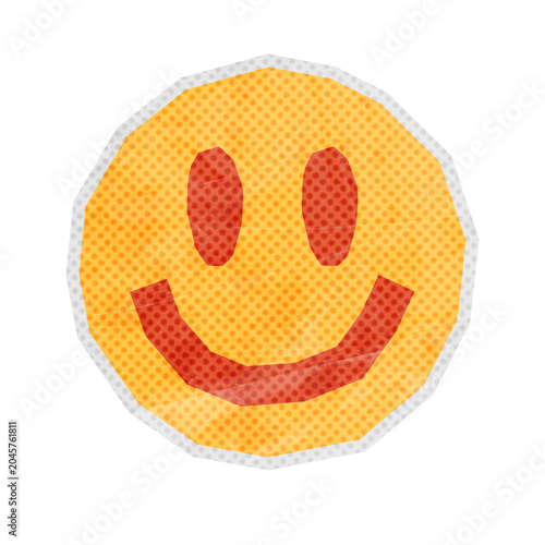 Retro Halftone Smiley Face Doodle Sticker. Happy emoji reaction element for social media post, meme and blog