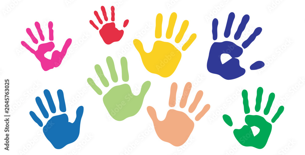 Fototapeta premium Collection of colorful handprints of various sizes and bright colors on transparent background