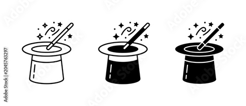 Foto Magic Hat and Wand Icons: Illusion, Trick, Entertainment, Performance, Fantasy,