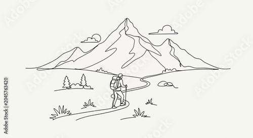 Obraz na plátně Continuous Line Drawing of Hiker Trekking Toward Mountain Range