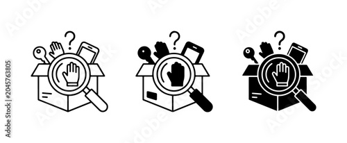 Search Icons, Magnifying Glass Over Hand, Question Mark, Box of Items, Vector Set