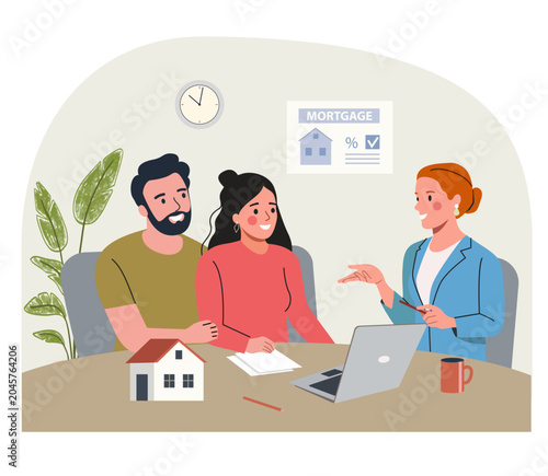 Bilde på lerret Young Couple Consulting Mortgage Advisor About Home Loan and Buying House Flat V