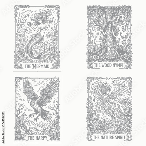 Konstfotografi Mythical Creatures Tarot Cards: Mermaid, Wood Nymph, Harpy, Nature Spirit