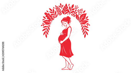 Bilde på lerret Pregnant Woman Silhouette with Floral Arch in Red