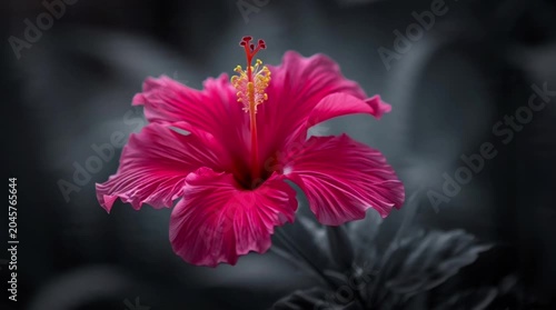 Pink hibiscus flower blooming against dark background