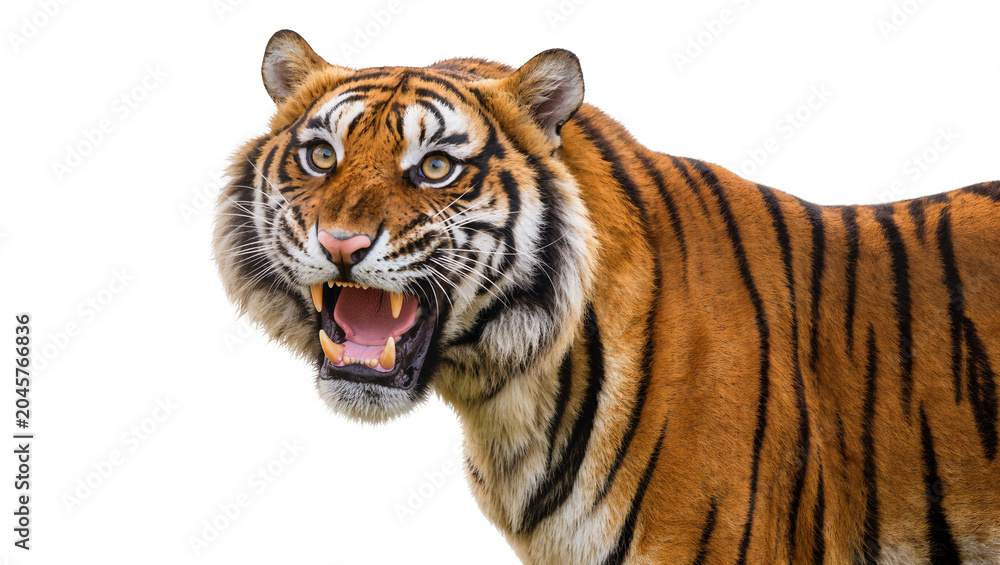 Obraz premium Fierce tiger with open mouth and sharp teeth, isolated on transparent background