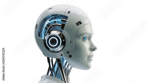Tableau sur toile Humanoid robot head with exposed internal mechanics and blue glowing lights, iso