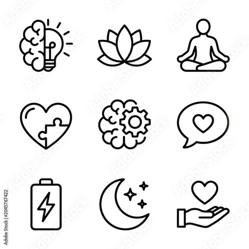 Schilderij op canvas Mental health and mindfulness line icon set for wellness and psychology with sel