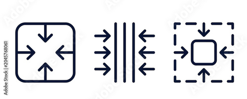 Fotografía Three distinct line icons illustrating concepts of compression, shrinking, and minimizing, with arrows pointing inwards to signify reduction in size or space