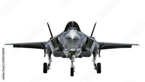 Quadro su tela Modern stealth fighter jet with landing gear extended, isolated on transparent b