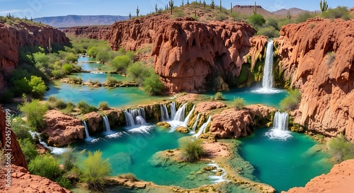 Beautiful turquoise waterfalls flowing over red rock cliffs in a desert canyon landscape. arizona havasupai 