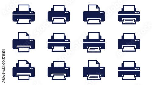 Schilderij op canvas A grid of twelve dark blue printer icons on a white background, depicting various stages of printing with paper