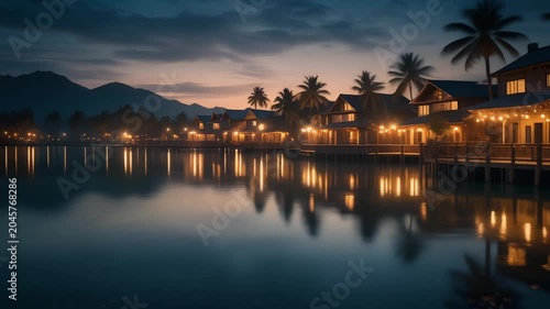 Panorama huacachina desert oasis with glowing twilight reflections
